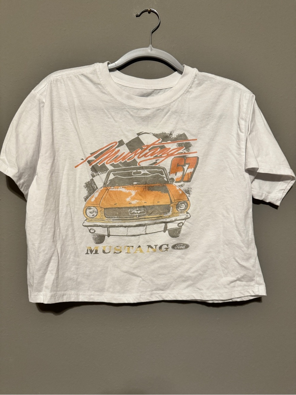 Ford White Tee with Orange Mustang Graphic and Gray Accents